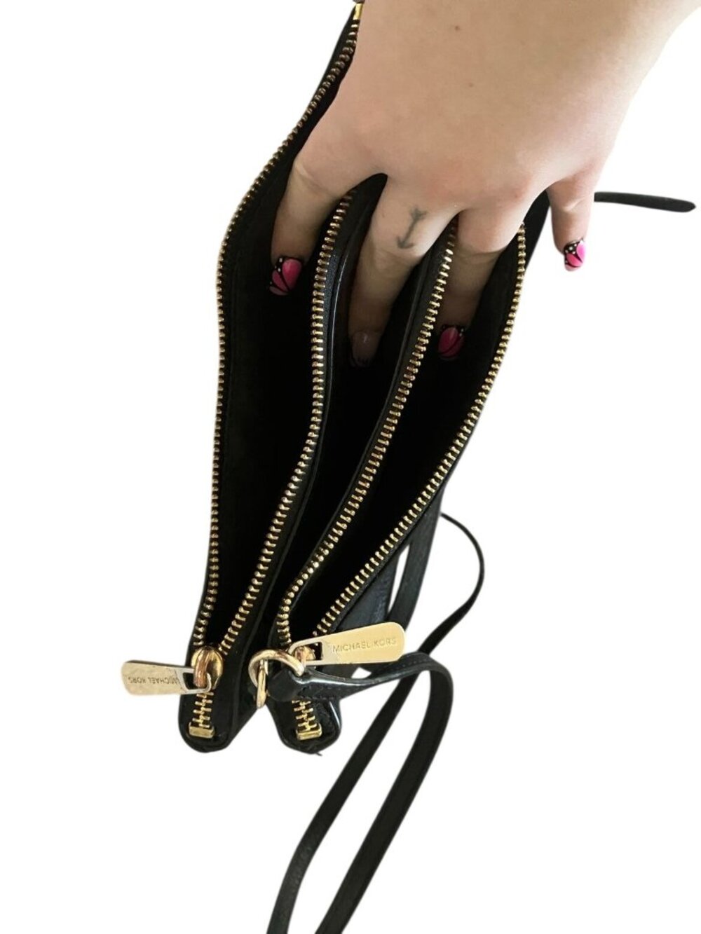Michael Kors Black Leather Crossbody Bag Gold-Tone Zipper & Adjustable Strap - Picture 5 of 6